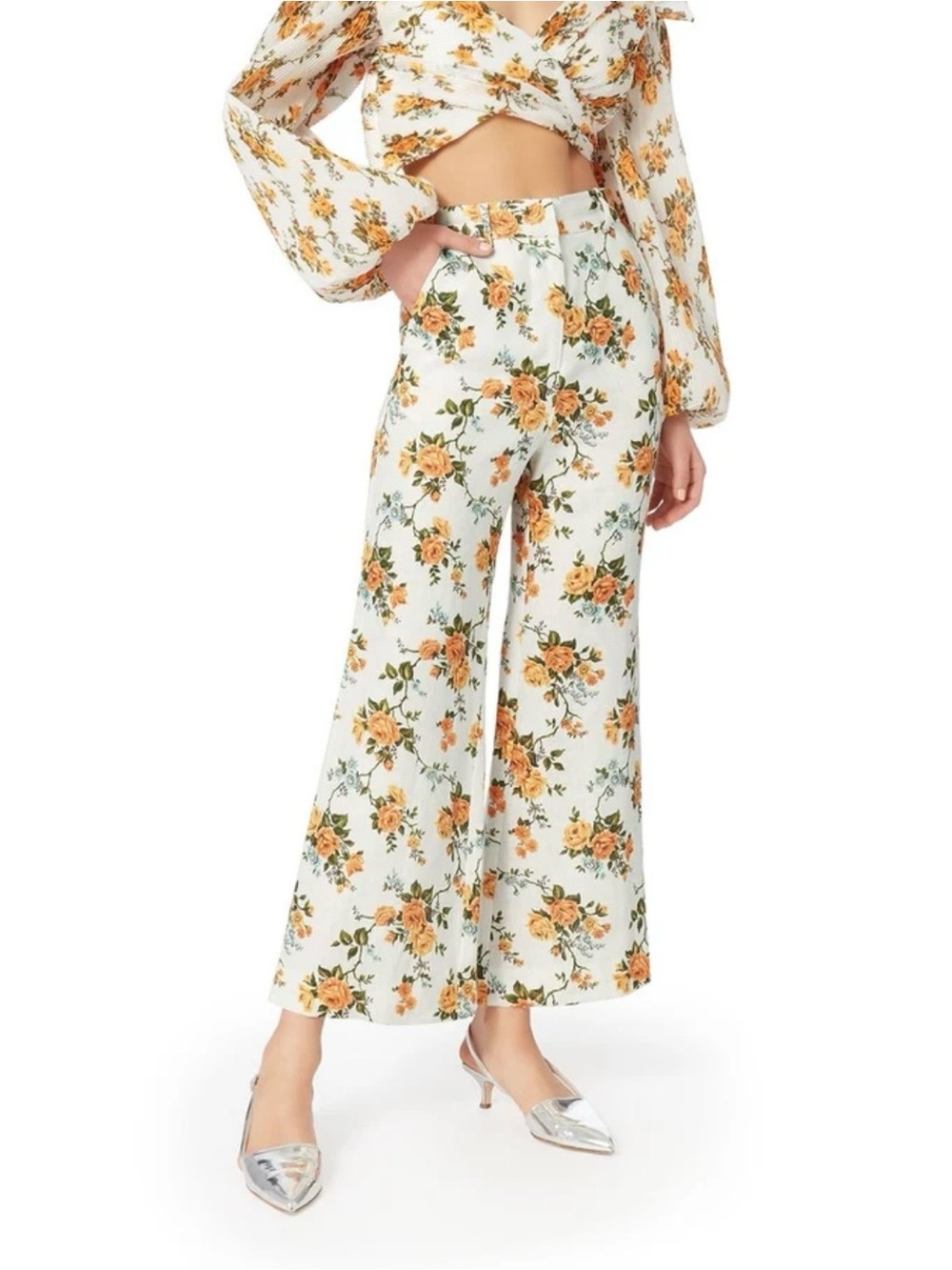 Zimmermann Floral Linen Wide Leg Pants Size 1 Rose Print High Rise Cropped